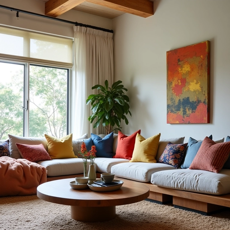 Sala de estar com rodameio combinando com a decoração estilo Farm Rio.