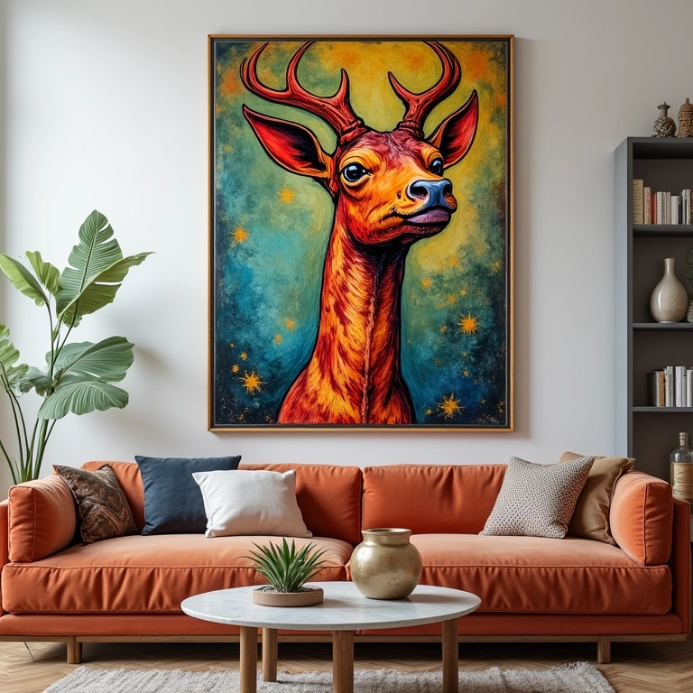 Sala de estar com rodameio usado como moldura para quadros.