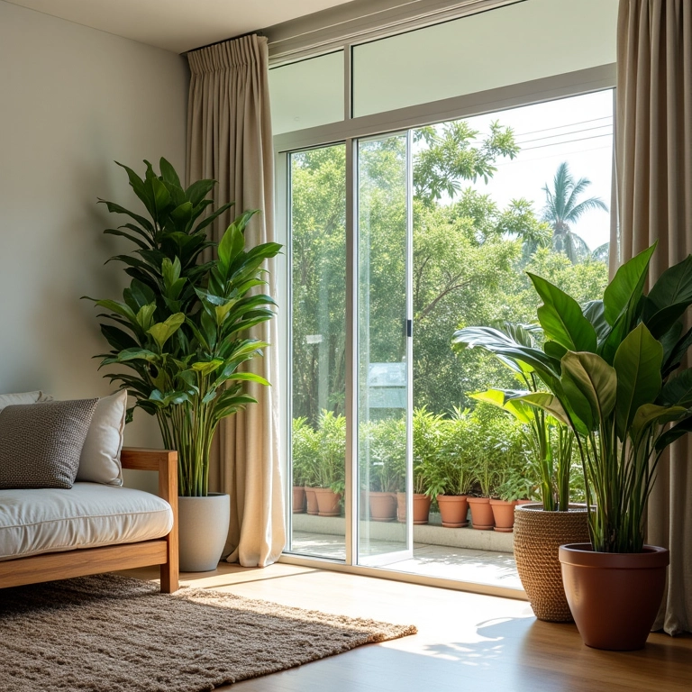 Sala de estar com vasos de plantas que oferecem privacidade da casa vizinha, ambiente claro e arejado.