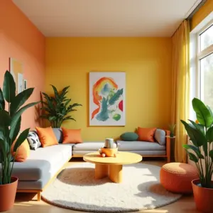 Sala de estar de microapartamento com design brasileiro e cores vibrantes.