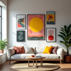 Decoração De Sala De Estar Com Quadros Personalidade Nas Paredes Sala de estar decorada com quadros coloridos e diversos na parede.