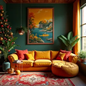 Sala de estar decorada para o Natal com estilo brasileiro vibrante e acolhedor.
