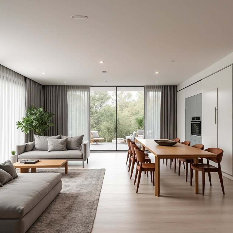 Sala de estar e jantar integradas em um design minimalista com muita luz natural.