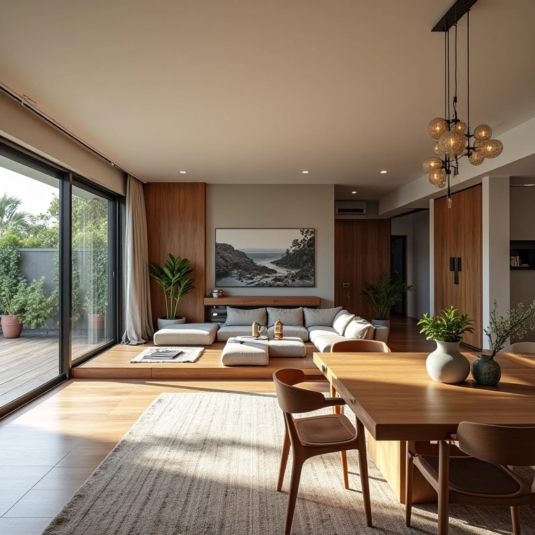 Sala de estar e jantar integradas, espaço aberto, luz natural e móveis modernos.