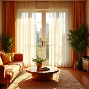 Sala de estar elegante com cortinas brancas translúcidas, luz natural suave.