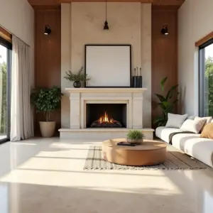 Sala de estar elegante com lareira e piso em travertino, com decoração vibrante e iluminação natural.