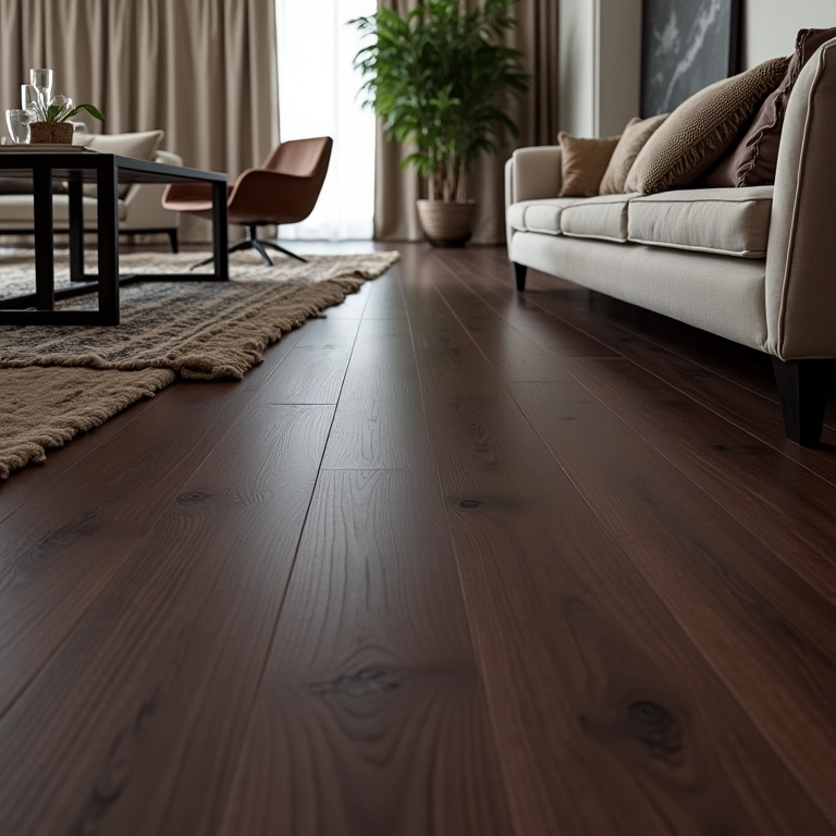 Sala de estar elegante com piso laminado escuro e decoração sofisticada.