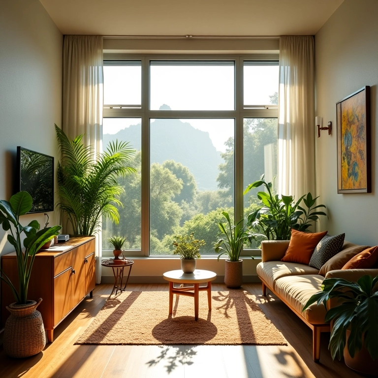 Sala de estar ensolarada com grandes janelas e decoração brasileira.