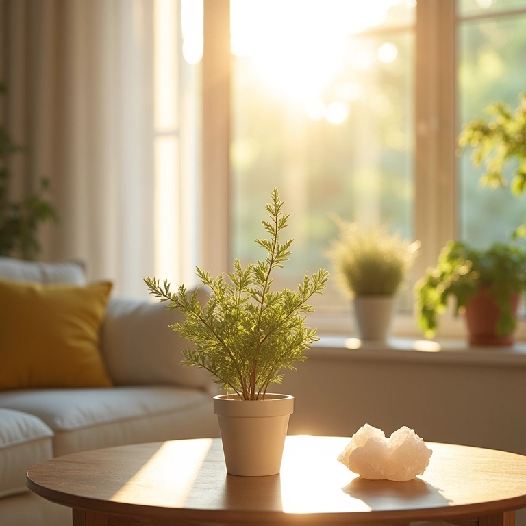 Sala de estar ensolarada com planta de arruda em mesa, cristais próximos.