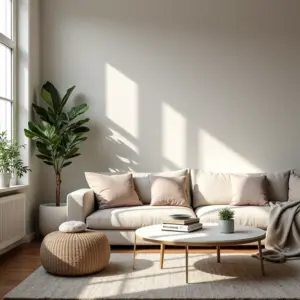 Sala de estar escandinava com decoração minimalista e aconchegante.