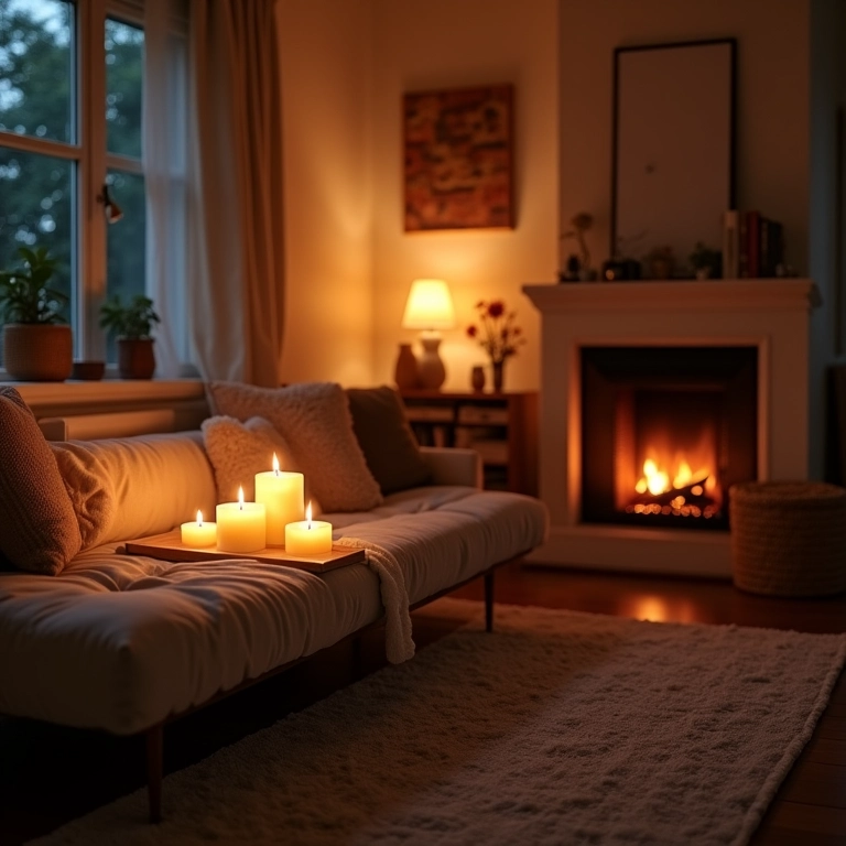 Sala de estar escandinava com iluminação aconchegante e velas.