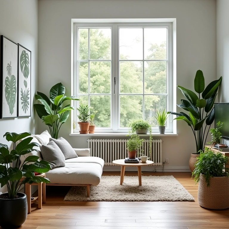 Sala de estar escandinava com plantas e elementos naturais.