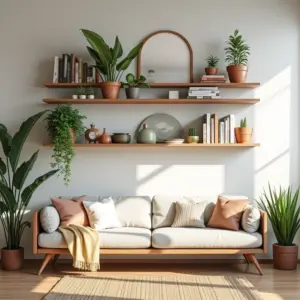 Sala de estar iluminada com prateleiras de madeira decoradas com plantas, livros e objetos. Design brasileiro.