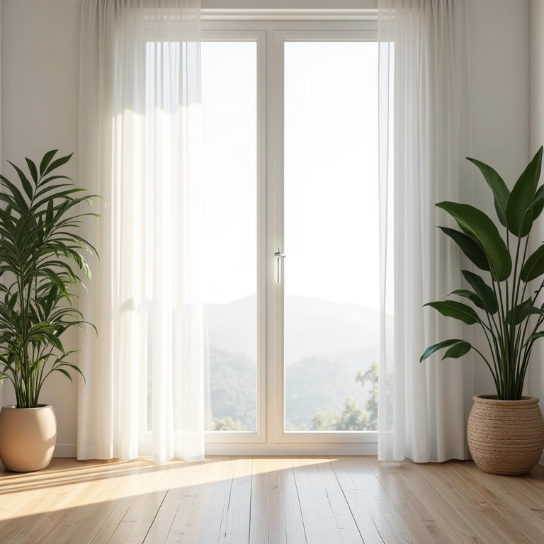 Sala de estar minimalista com grande janela e cortinas translúcidas.