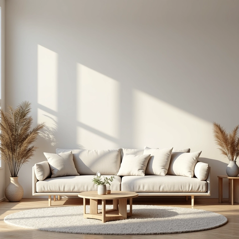 Sala de estar minimalista com poucos objetos e decoração funcional.