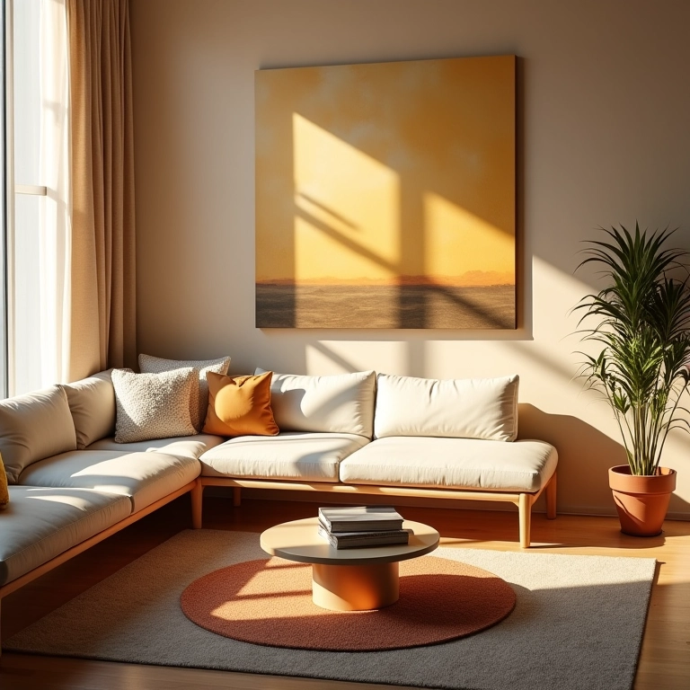 Sala de estar moderna com arandelas na parede, proporcionando iluminação elegante.