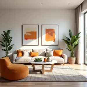 Decoração De Sala De Estar Moderna Sofisticação Atual Sala de estar moderna com cores neutras e toques vibrantes, design brasileiro e iluminação natural.