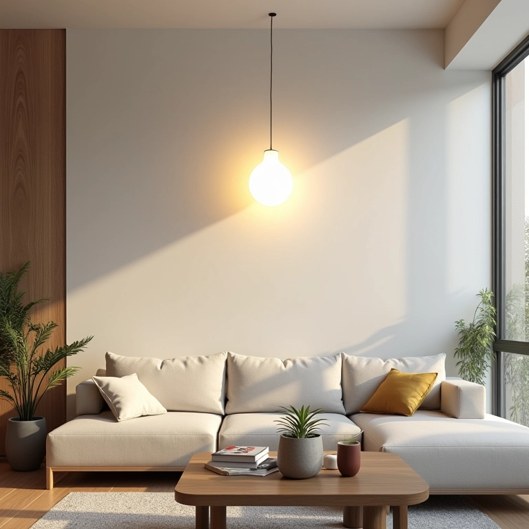 Sala de estar moderna com lâmpadas brancas, proporcionando clareza e concentração.