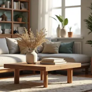 Sala de estar moderna com mesa de centro de madeira e decoração vibrante.