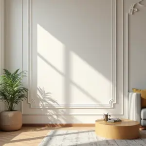 Sala de estar moderna com rodameio decorativo protegendo a parede.