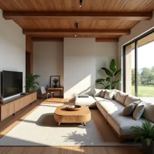 Sala de estar moderna em casa de campo com iluminação natural e decoração rústica.