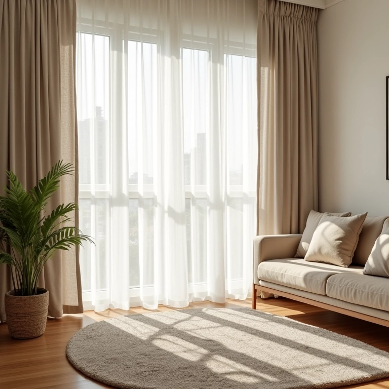 Sala de estar pequena com cortinas claras ampliando o espaço.
