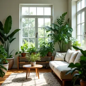 Sala de estar pequena com plantas, estilo brasileiro vibrante.