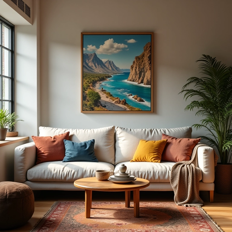 Sala de estar personalizada com lembranças de viagem, obras de arte e assentos confortáveis.