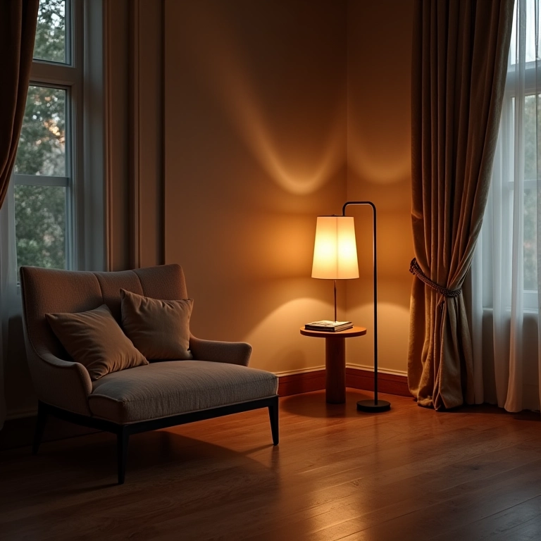 Sala de estar sofisticada com luminária de chão iluminando um canto de leitura.