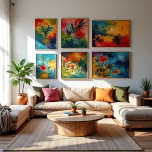 Sala de estar vibrante com quadros coloridos em estilo brasileiro, iluminação natural.