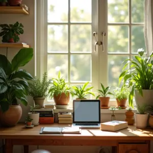Sala de estudos bem iluminada com decoração vibrante e foco no conforto.