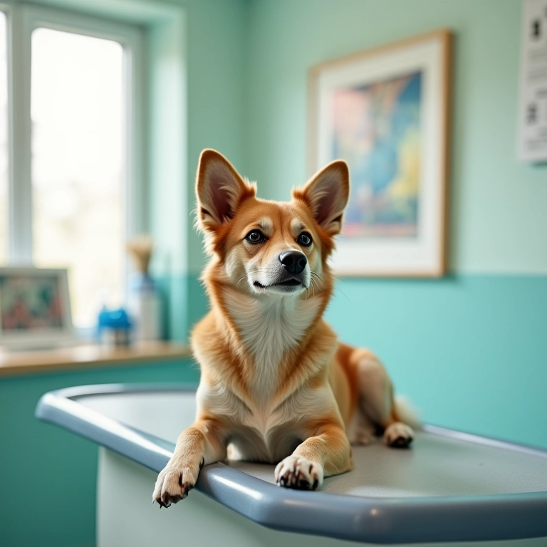 Sala de exame veterinário com cores calmantes e iluminação natural.