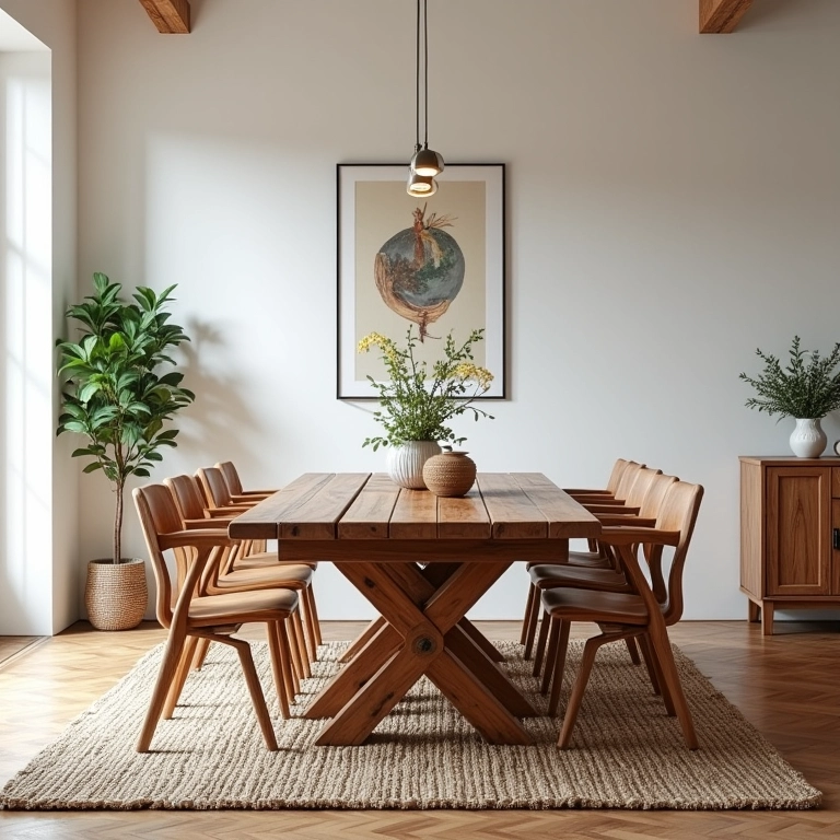 Sala de jantar com móveis de madeira rústica e design clean.