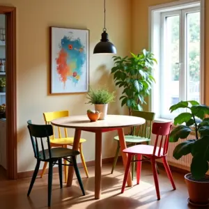 Sala de jantar pequena com mesa redonda, cadeiras coloridas e decoração vibrante.
