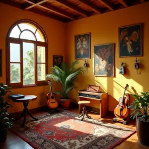 Sala de música aconchegante com instrumentos e painéis acústicos.