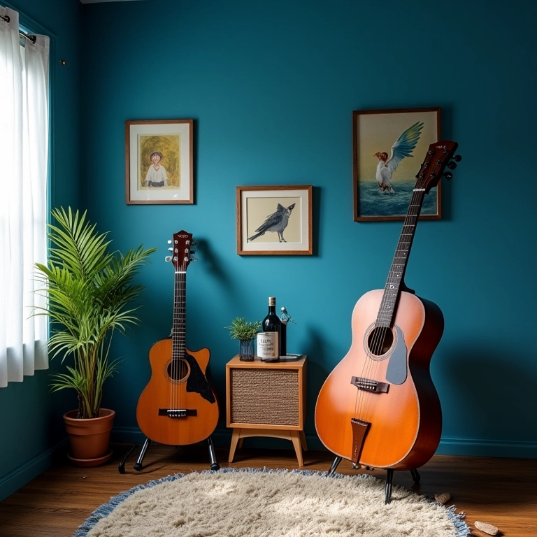 Sala de música com paredes azuis criando ambiente calmo.
