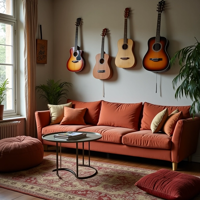 Sala de música confortável com sofá e instrumentos musicais.