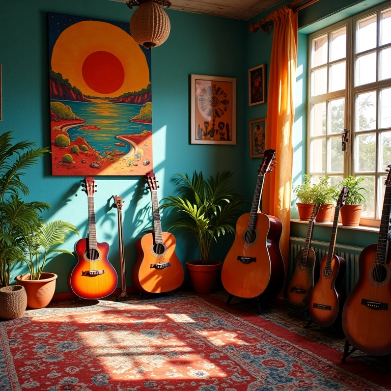Sala de música inspiradora com arte colorida e instrumentos.