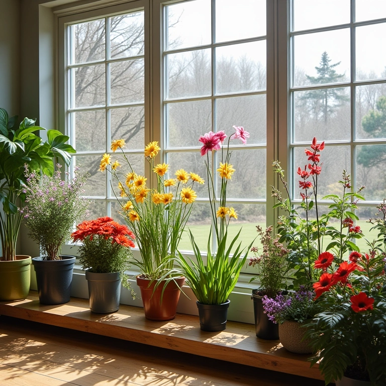 Sala de sol moderna com flores de inverno em plena floração.