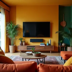 Sala de TV e Som: 7 Dicas de Reforma Para uma Experiência Top Sala de TV aconchegante com decoração brasileira vibrante e sistema de som moderno.
