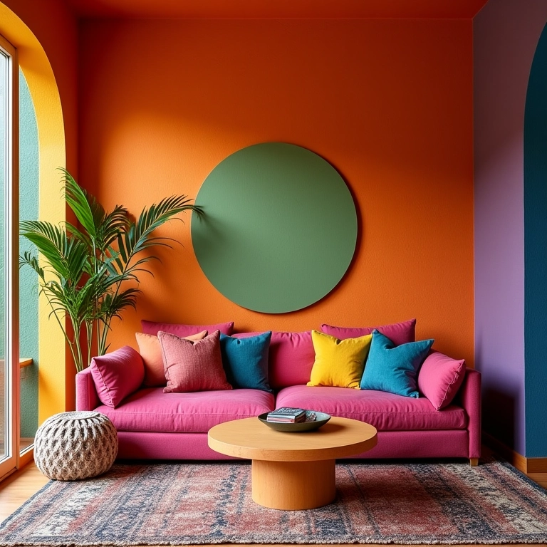 Sala de TV com cores vibrantes e texturas aconchegantes nas paredes.