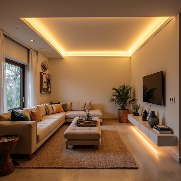 Sala de TV com luminárias de teto embutidas, proporcionando iluminação aconchegante.