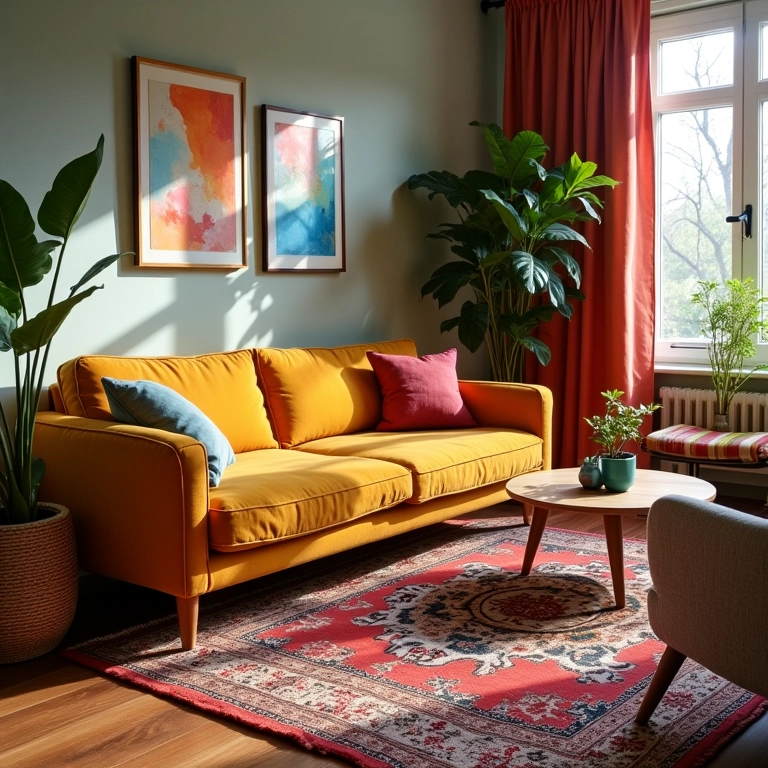 Sala de TV com móveis confortáveis em estilo brasileiro e cores vibrantes.