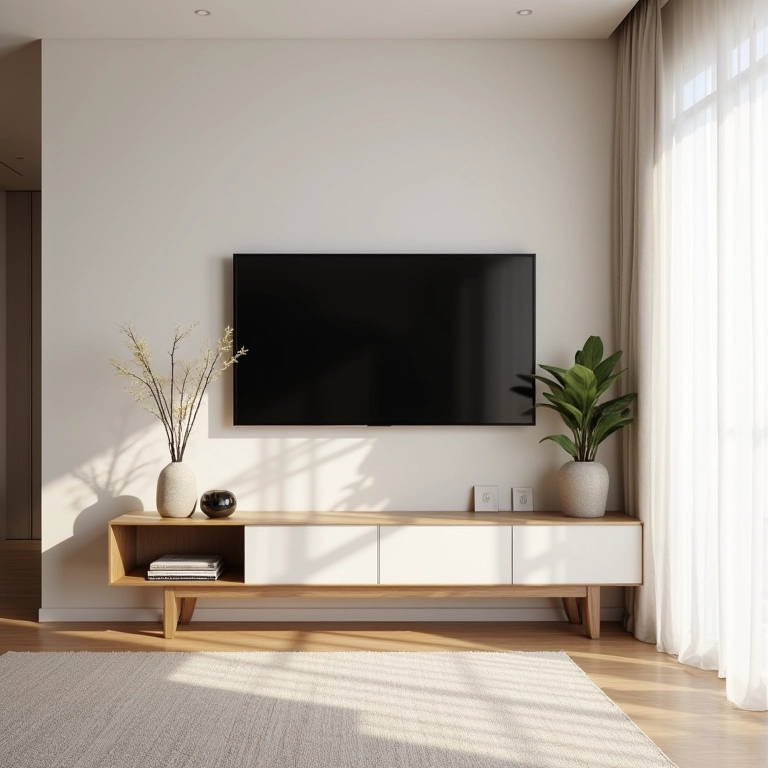 Sala de TV pequena com paredes claras para ampliar o espaço.