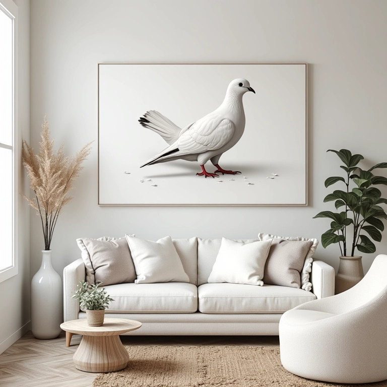 Sala decorada com arte de pombas brancas.