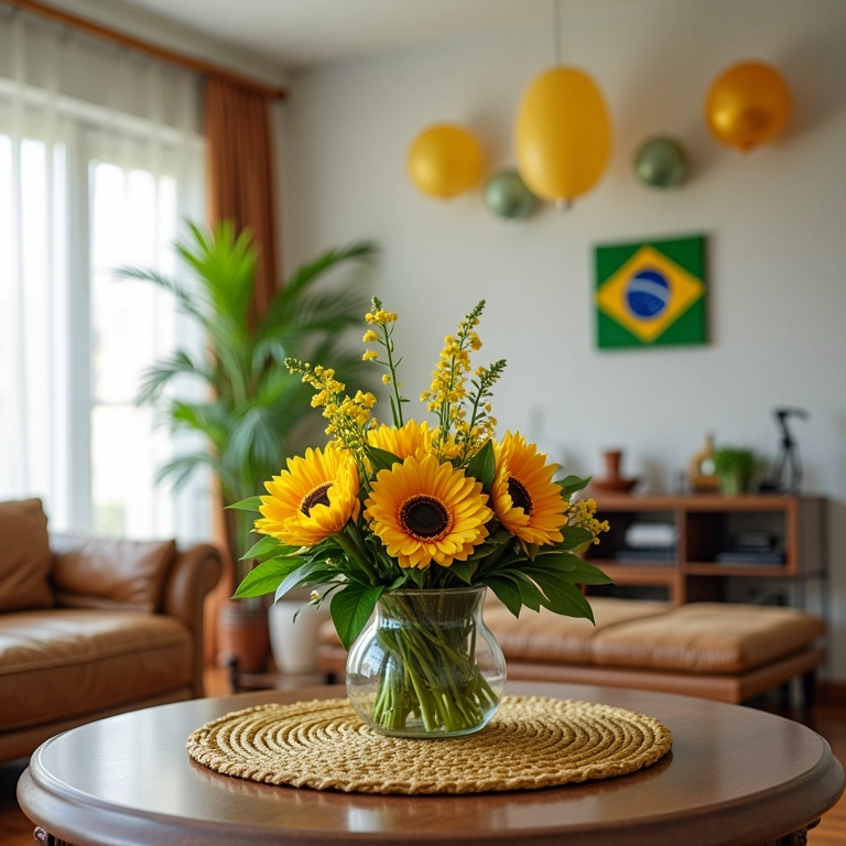 Sala decorada para festa com arranjo de flores artificiais temático, decoração brasileira.