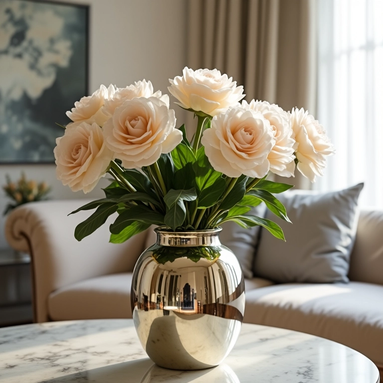 Sala elegante com arranjo de flores artificiais em vaso espelhado, refletindo luz.