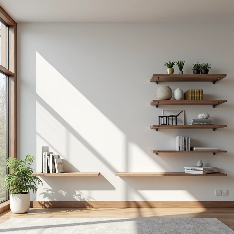 Sala elegante com prateleiras com suporte invisível. Design minimalista e linhas limpas.