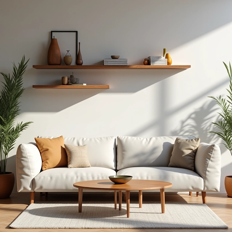 Sala funcional com design clean, sofá modular, móveis de madeira e prateleiras abertas.