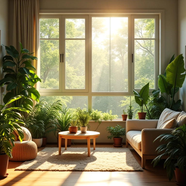 Sala iluminada com luz natural e plantas.